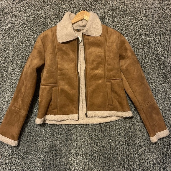 Kids tan Sherpa Lined biker jacket Small - Picture 7 of 7